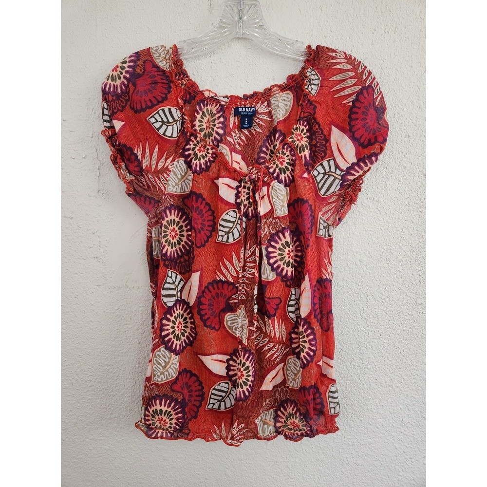 Old Navy Women's Floral Blouse Red Multi Size M Short Sleeve Tie Neck Cotton